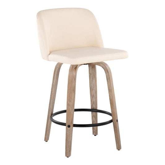 Trilo- Set of 2 - 24" White-Washed Wood Mid-Century Modern Swivel Counter Stools with Cream Faux Leather & Black Metal Footrest