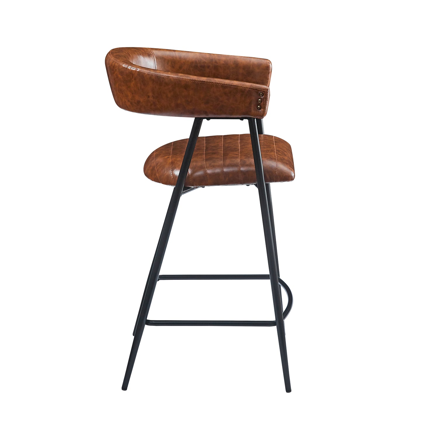 Launa - Set of 2 - 26" Brown PU Upholstered Counter Stools with Iron Frame, Backrest & Footrest for Kitchen, Bar, Home