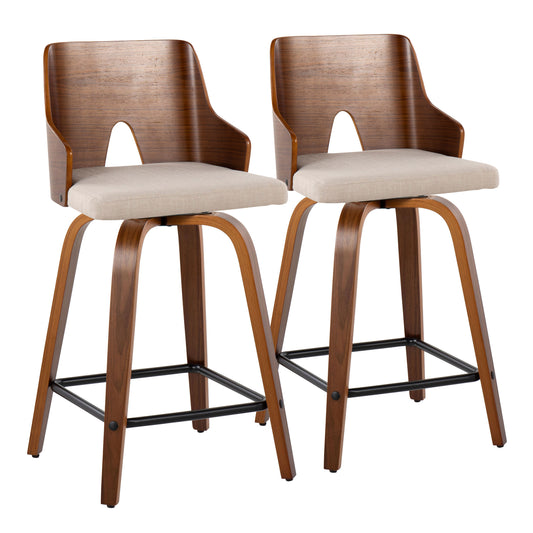 Solvique - Set of 2 - 26" Beige Upholstered Counter Stools with Walnut Wood Backrest & 360° Swivel