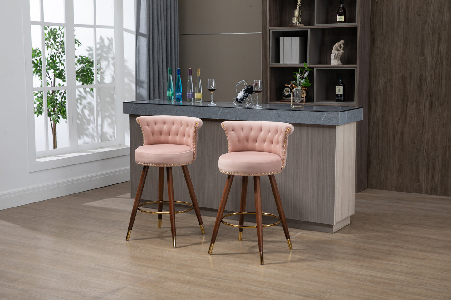 Viatora - Set of 2 - 27" Pink Swivel Solid Wood Bar Stools with High Back and Footrest