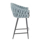 Matil - Set of 2 - 26" Braided Counter Stools with Black Metal Frame, Grey Faux Leather, and Blue Fabric Upholstery