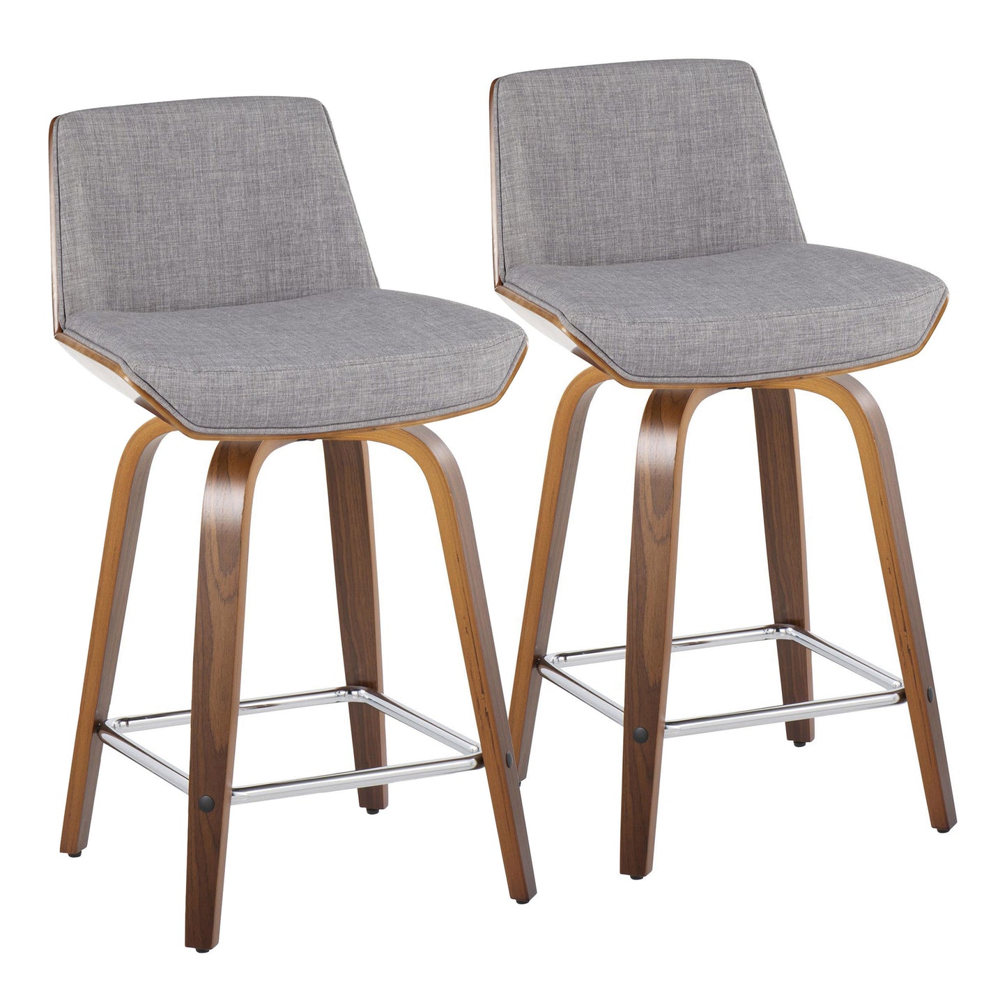 Alessio - Set of 2 - 24" Mid-Century Modern Fixed-Height Counter Stools with Light Grey Fabric, Walnut Wood, Swivel, and Chrome Footrest