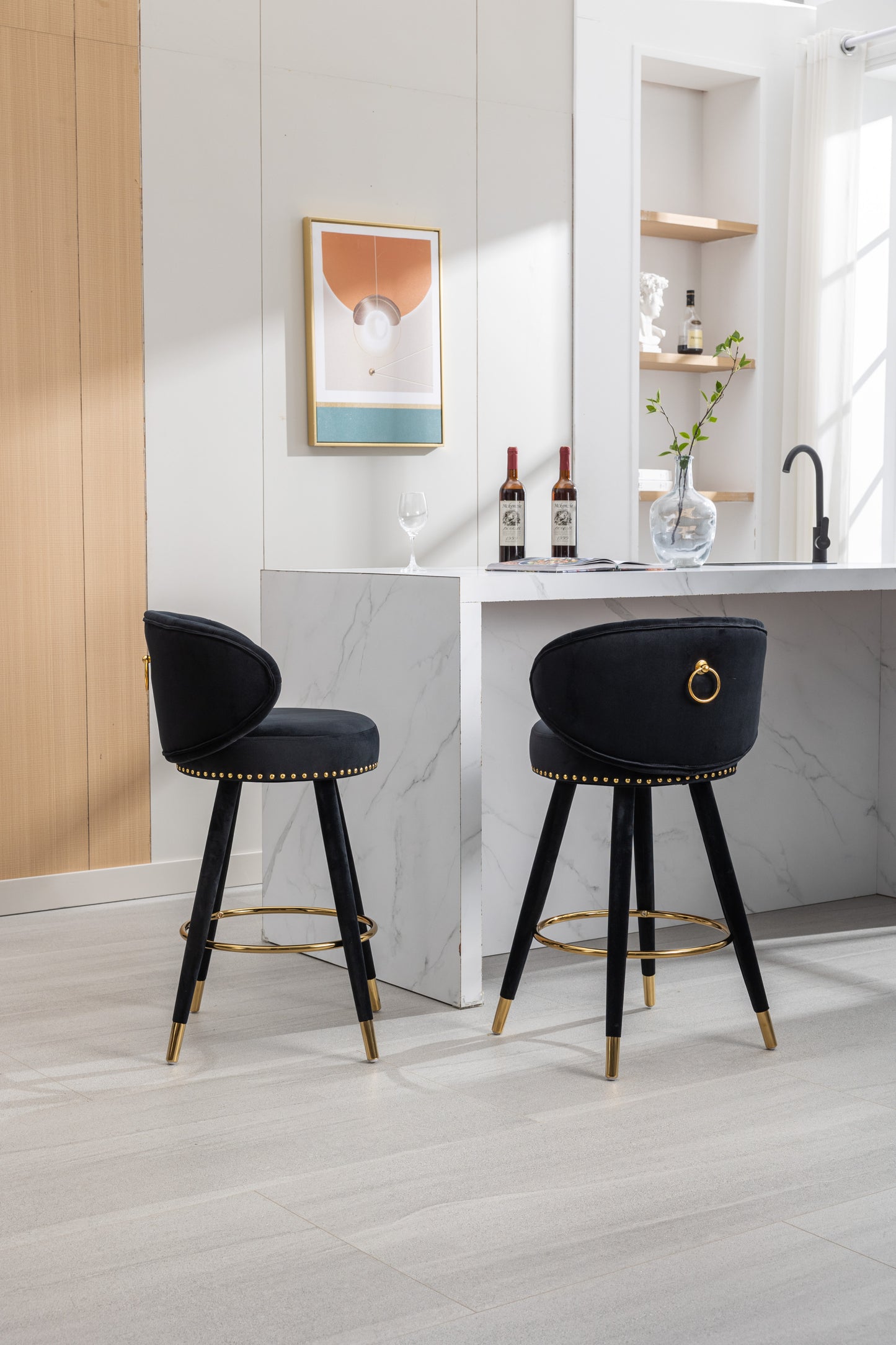 Lathenor - Set of 2 - 26" Black Velvet Counter Height Bar Stools with Solid Wood Legs, Fixed Height, and 360° Swivel for Kitchen or Bar Seating