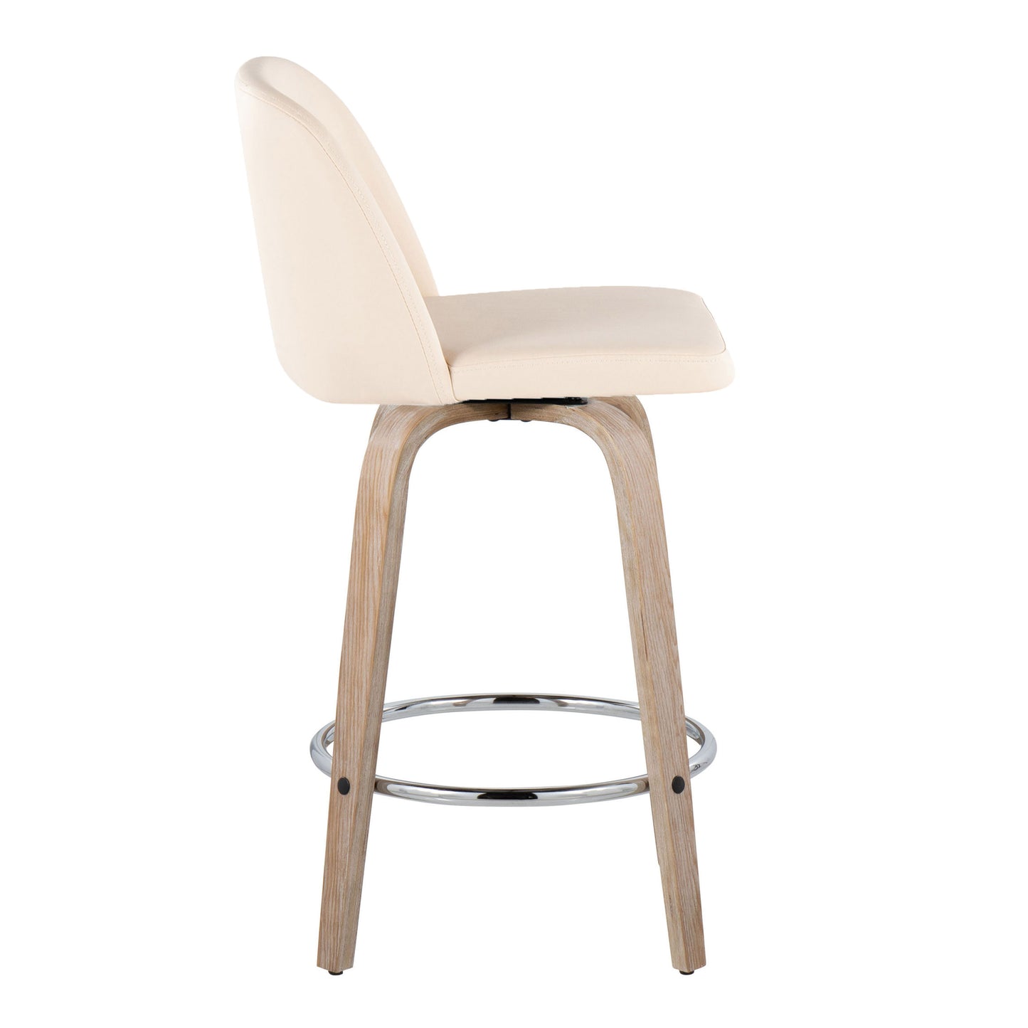 Tandria - Set of 2 - 26" Contemporary Cream Faux Leather Swivel Counter Stools with Whitewashed Wood Legs and Chrome Footrest