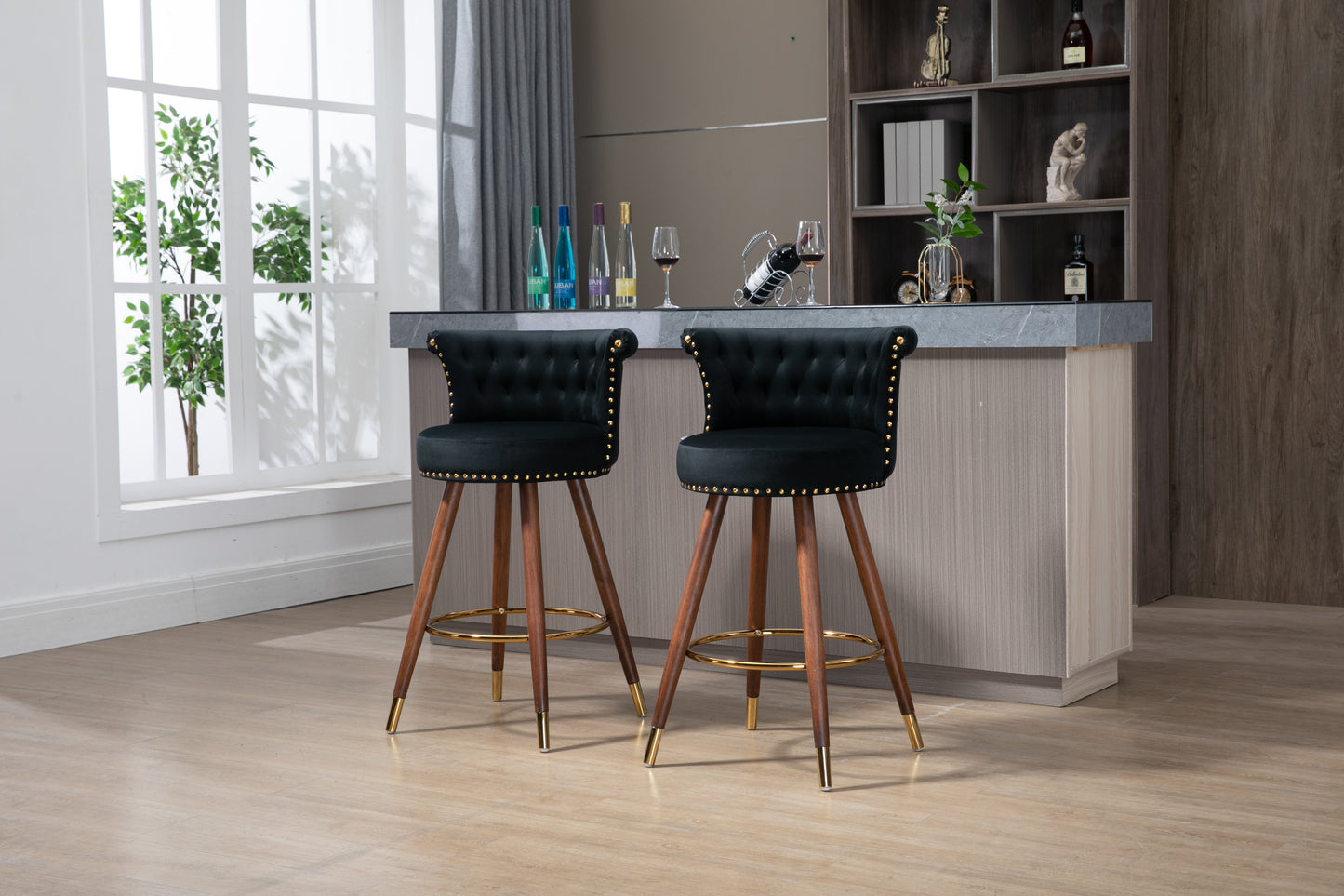 Arin - Set of 2 - 28" Seat Height, Black Swivel Counter Height Bar Stools, 360° with Backrest and Footrest, Light Brown Solid Wood Legs, Retro Design