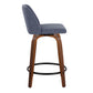 Tivon- Set of 2 - 26" Walnut Wood & Blue Swivel Counter Stools with Fabric Upholstery & Black Metal Footrest