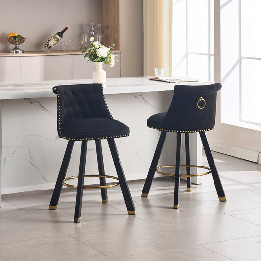 Hightower - Set of 2 - 25.59" Black Velvet Bar Chairs with 360° Swivel, Rivet Detailing, and Back Pull Ring