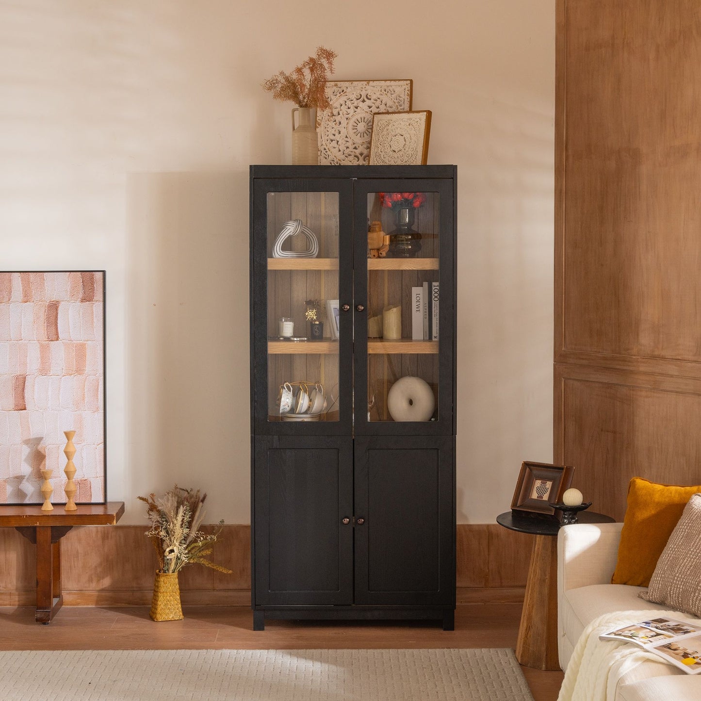 Style Tall Display Cabinet With Glass Doors For Collectibles - Black