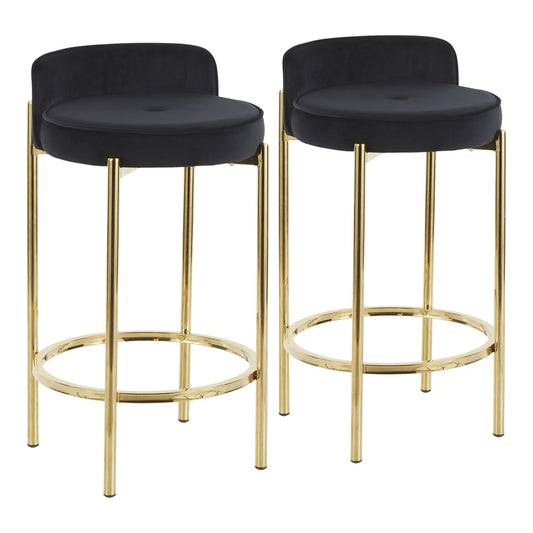 Ismene - Set of 2 - 29" Gold Metal Counter Stools with Black Faux Leather in a Contemporary Design