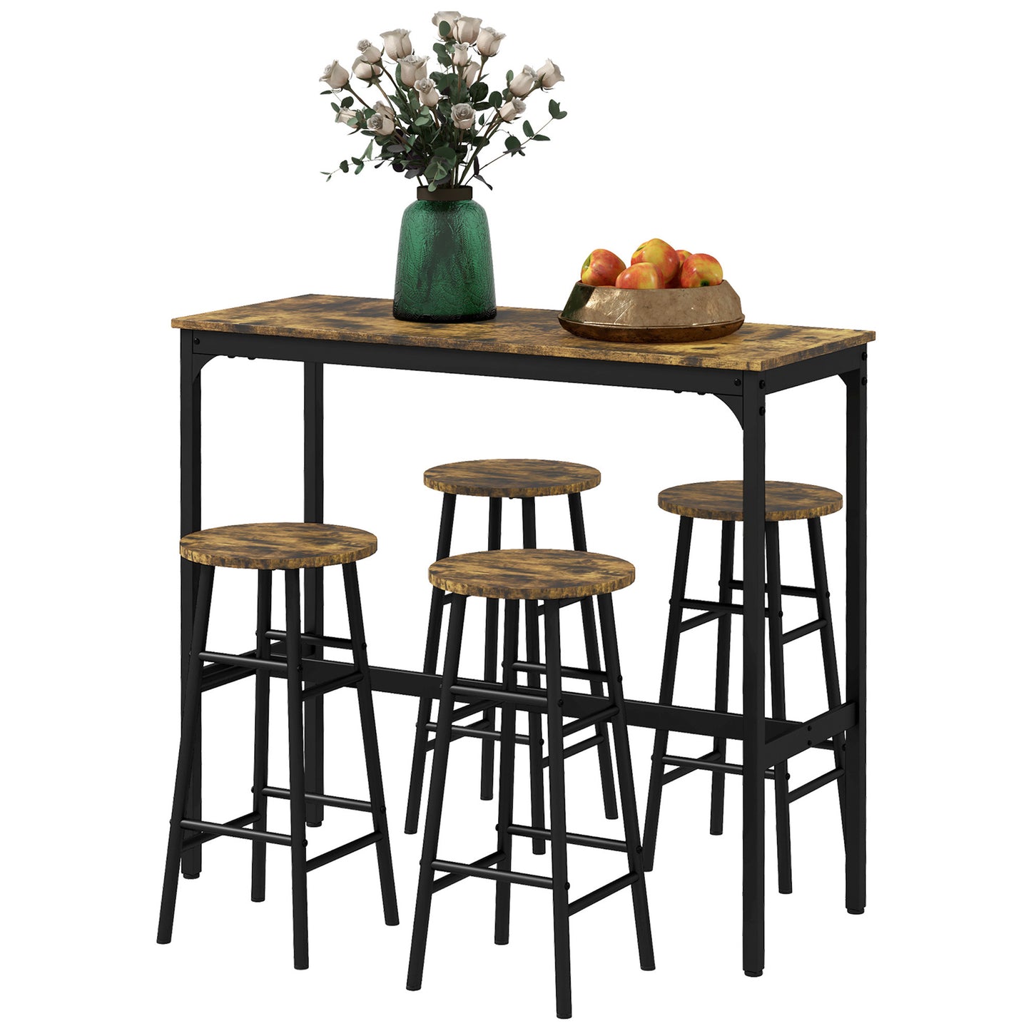 Hixley - Set of 5 - Rustic Brown Industrial Bar Table Set for 4 W x 35.4” H - Modern Design for Kitchen or Dining Room