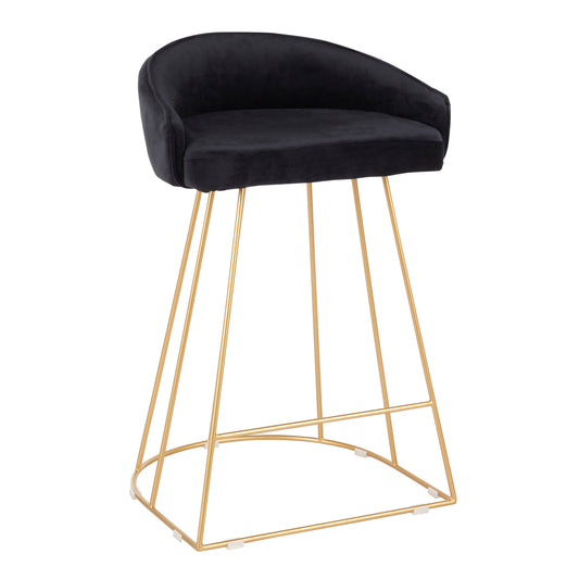 Suttung - Set of 2 - 28" Contemporary Counter Stools in Gold with Black Velvet Fabric, Fixed Height, Luxe Modern Design