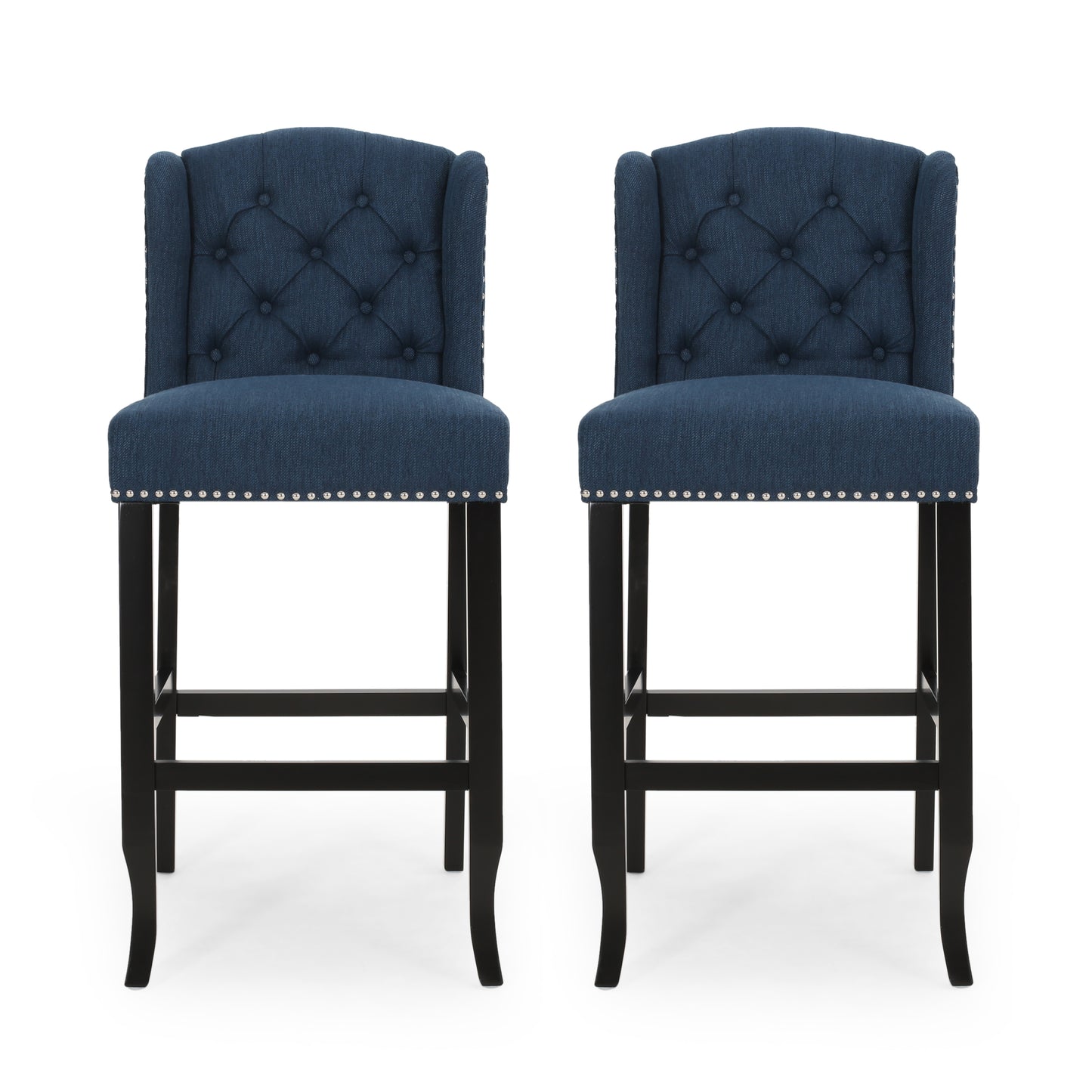 Vera - Set of 2 - 24" Navy Blue & Dark Brown Fabric Tufted Wingback Counter Stools with Nailhead Accents