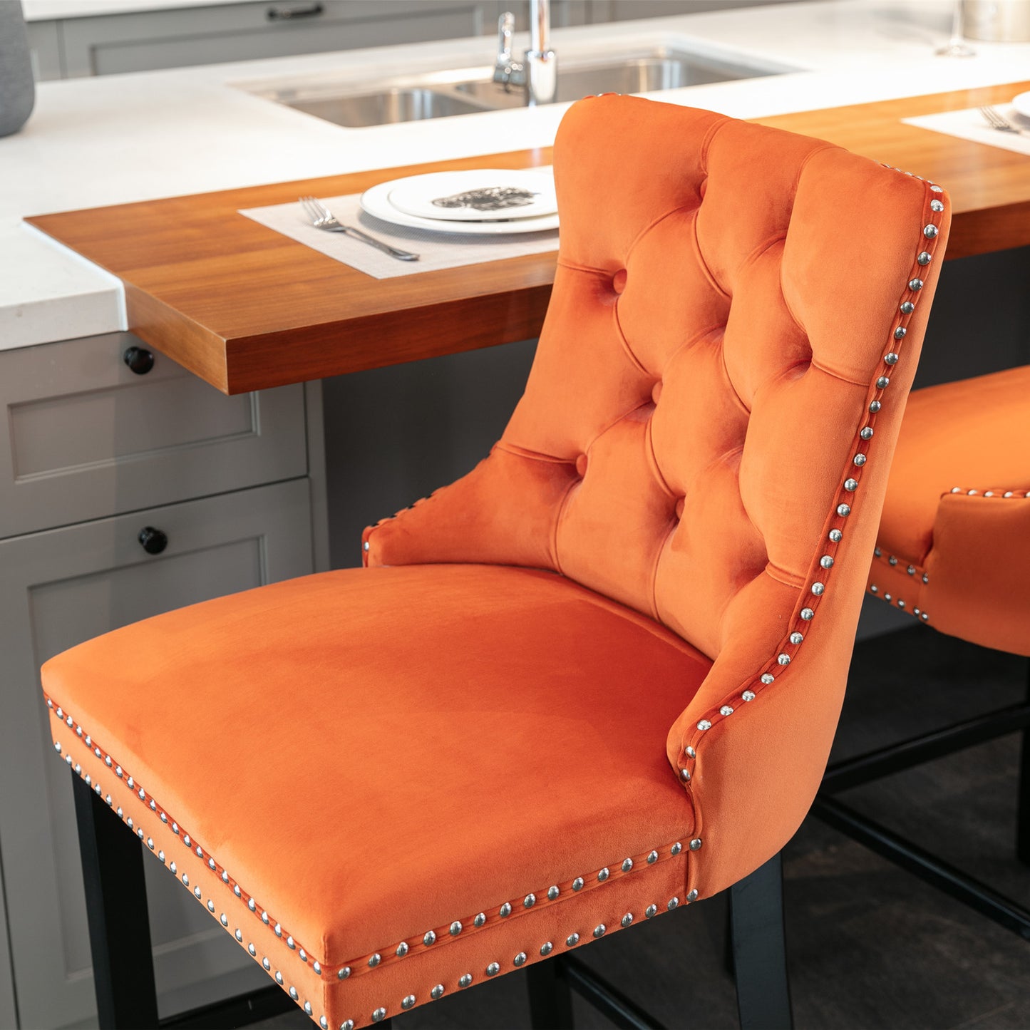 Sorrento - Set of 2 - 24.4" Orange Velvet Upholstered Barstools with Button Tufted Back, Wooden Legs & Chrome Nailhead Trim