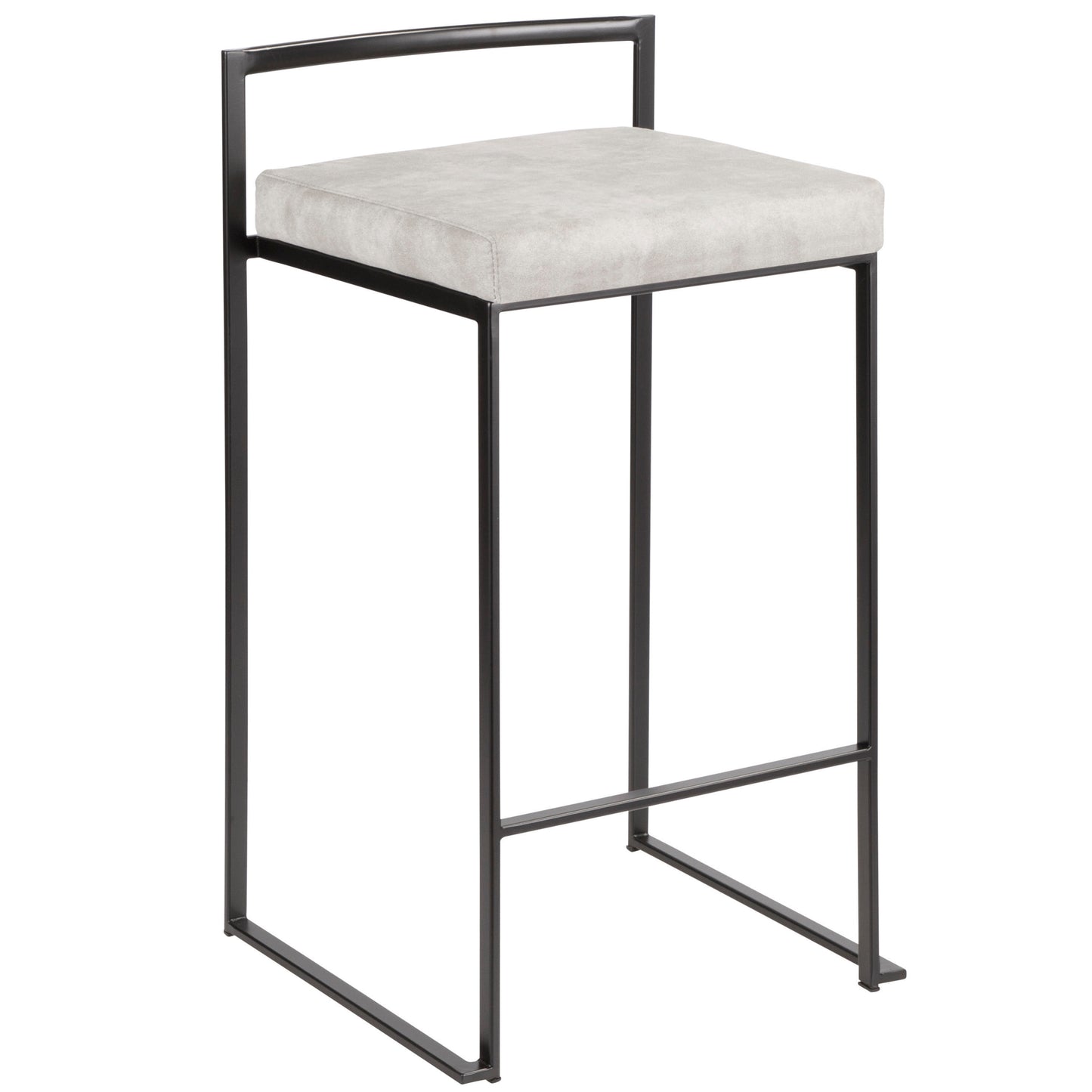 Laric - Set of 2 - 24" Black Metal Counter Stools with Light Grey Cushioned Fabric, Stackable Design