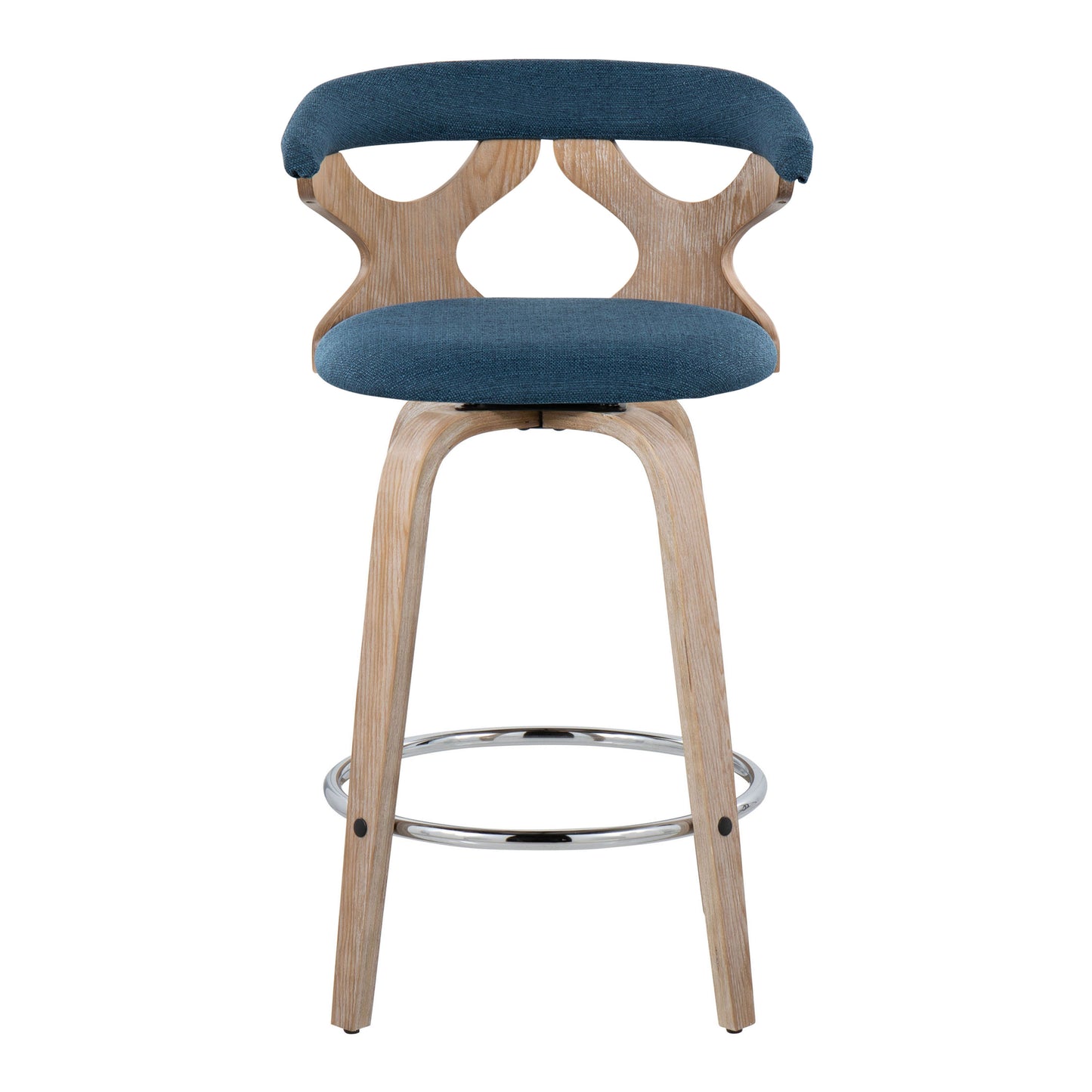 Gardenia - Set of 2 - 26" Fixed-Height Counter Stools with 360° Swivel in White-Washed Wood and Blue Fabric, Chrome Metal Footrest