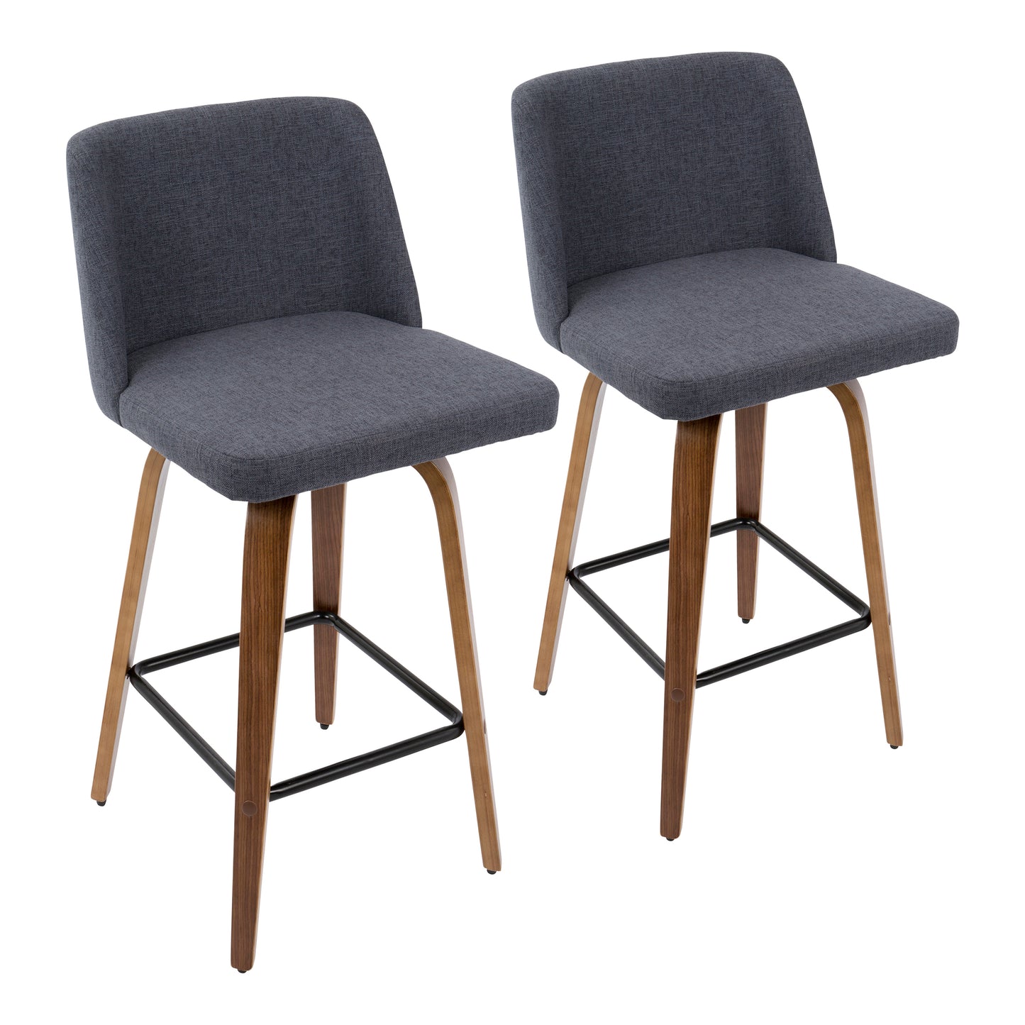 Taldon- Set of 2 - 26" Walnut & Blue Mid-Century Modern Counter Stools