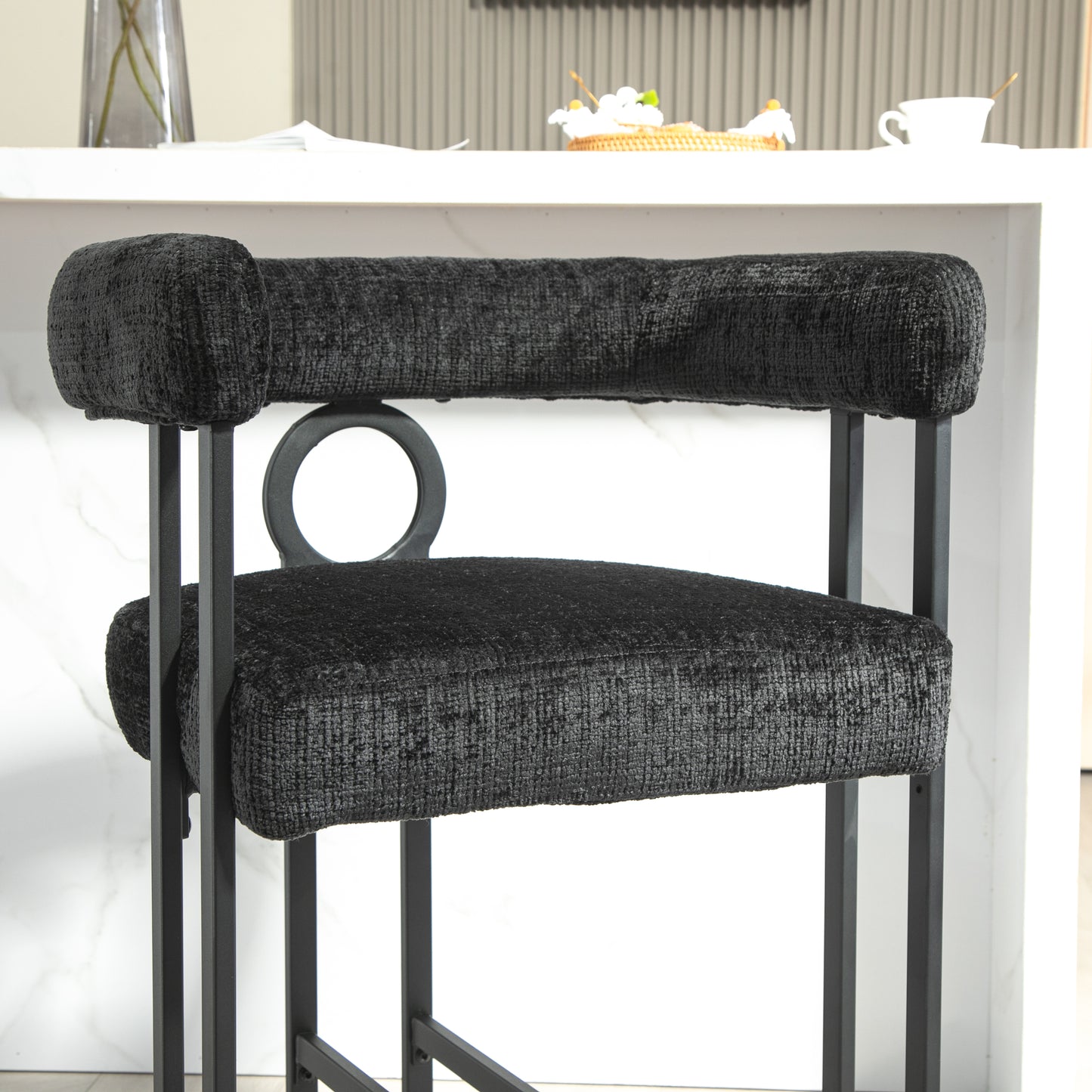 Lynsandra - Set of 2 - 24" Black Chenille Upholstered Bar Stools with Curved Backrest and Black Metal Legs