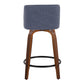 Tivon- Set of 2 - 26" Walnut Wood & Blue Swivel Counter Stools with Fabric Upholstery & Black Metal Footrest