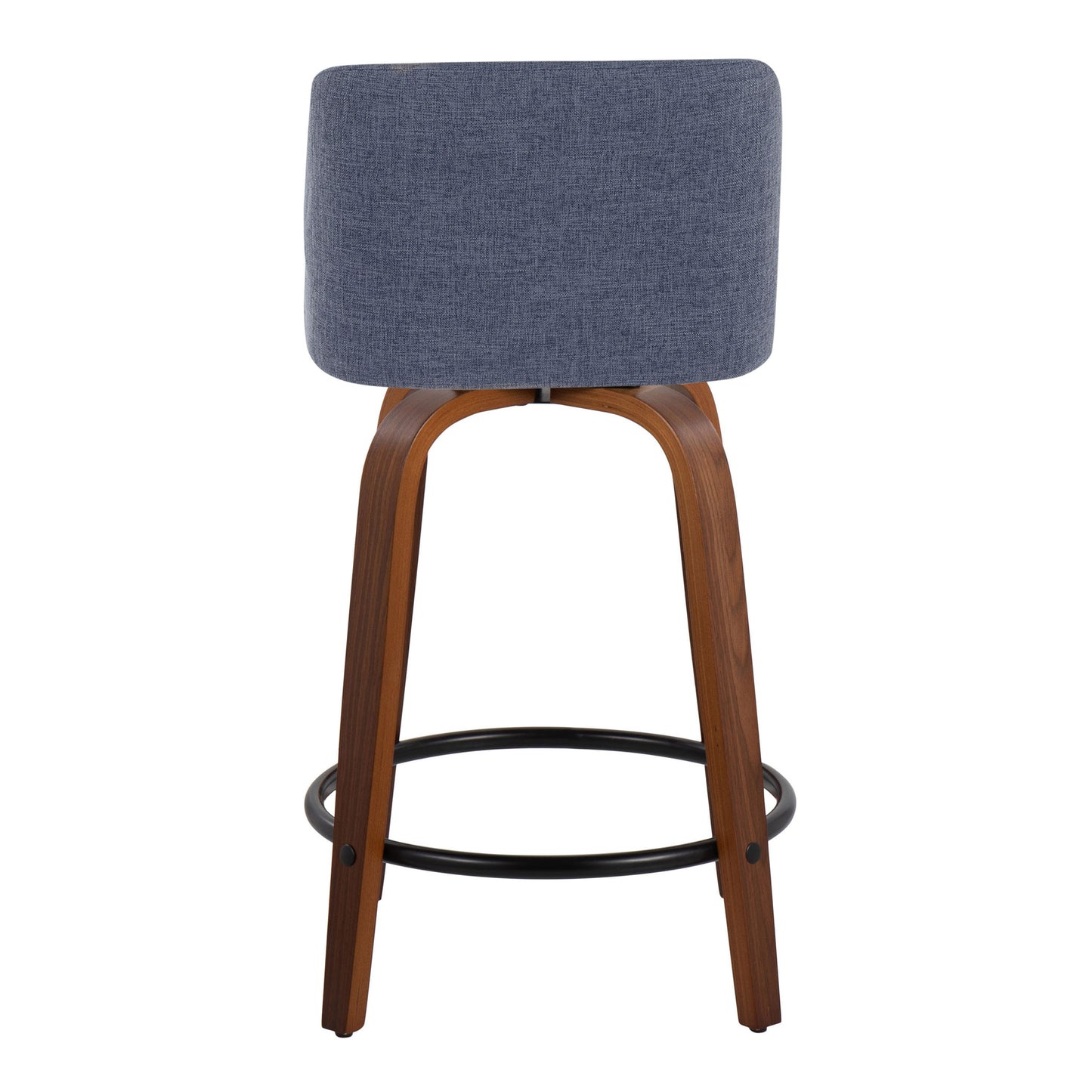 Tivon- Set of 2 - 26" Walnut Wood & Blue Swivel Counter Stools with Fabric Upholstery & Black Metal Footrest