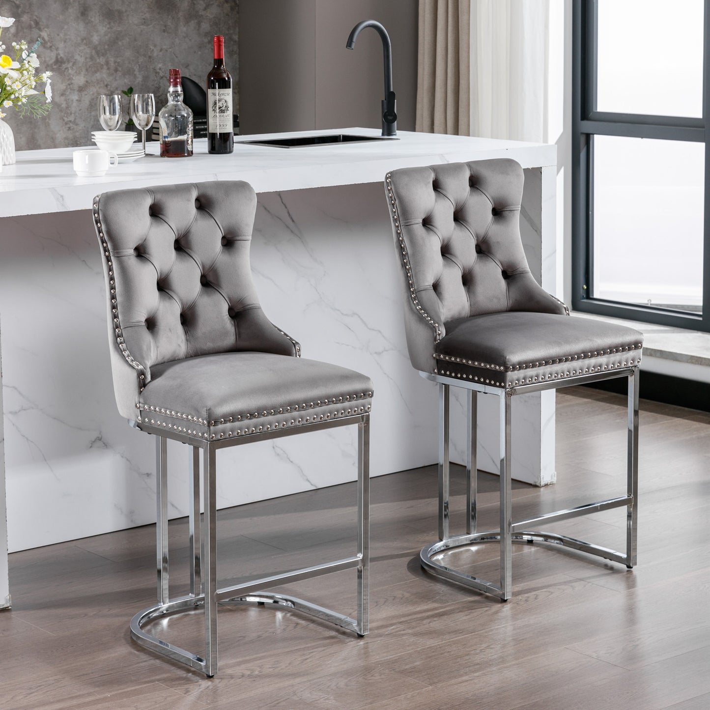 Halora - Set of 2 - 26" Gray Velvet Counter Height Bar Stools with Rivet Trim, Button Tufted Backrest, and Sturdy Chromed Metal Base