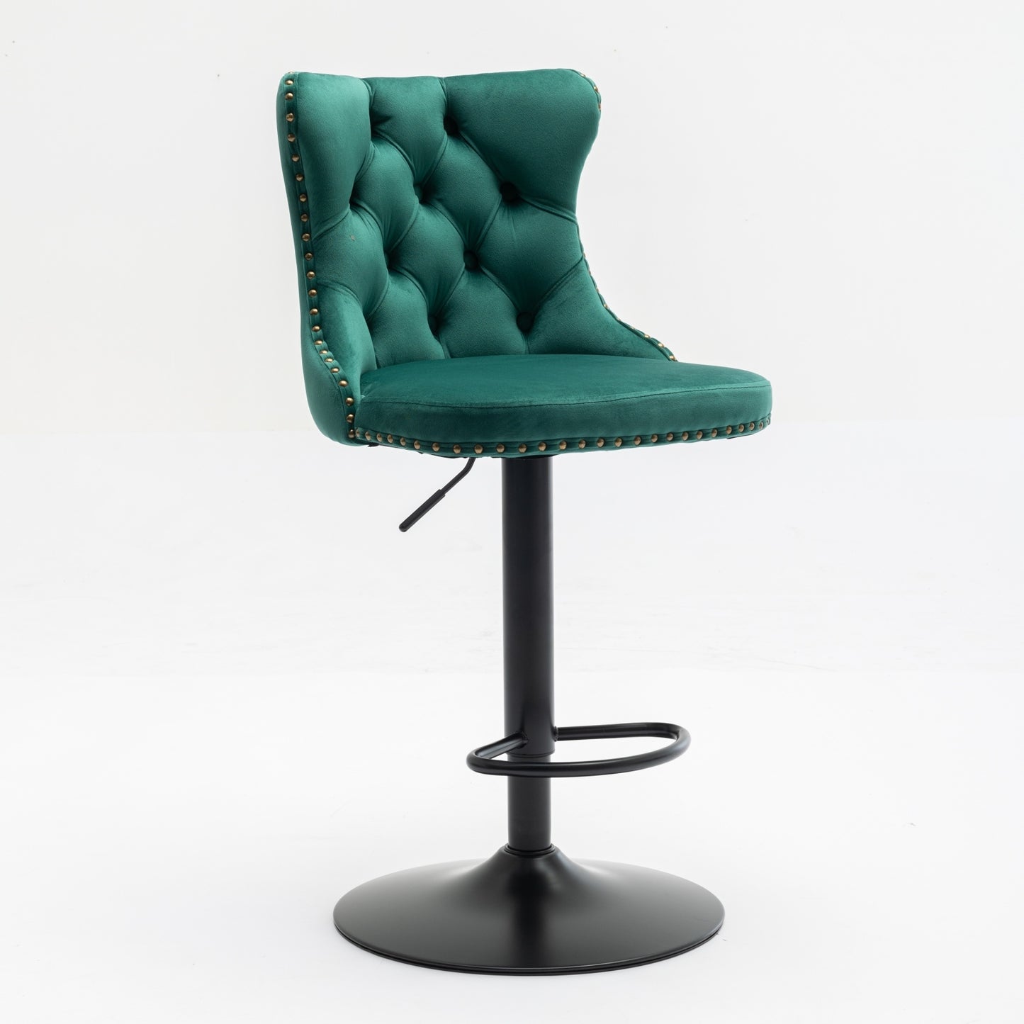 Luxury  - Set of 2 - 25" Green Velvet Swivel Barstools with Adjustable Seat Height, Upholstered Tufted Chairs & Copper Nailheads