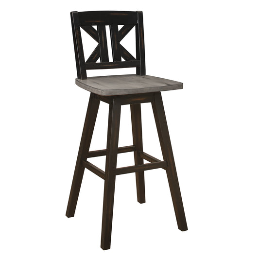 Aviana - Set of 2 - 29" Distressed Gray and Black 360° Swivel Pub Height Chairs with Solid Rubberwood Frame and Divided X-Back