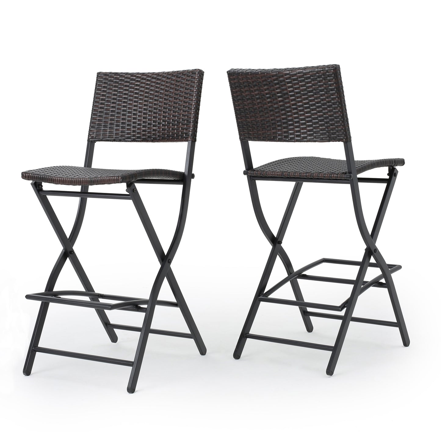 Haverstone - Set of 2 - 28" Multibrown Wicker Barstools, Foldable Faux Rattan Patio Chairs with Iron Frame