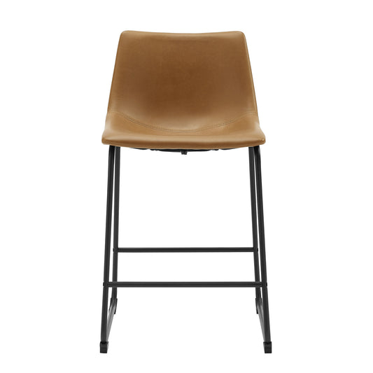 Estelle - Set of 2 - 24" Whiskey Brown Counter Stools, Seat Height, Faux Leather Kitchen Seating