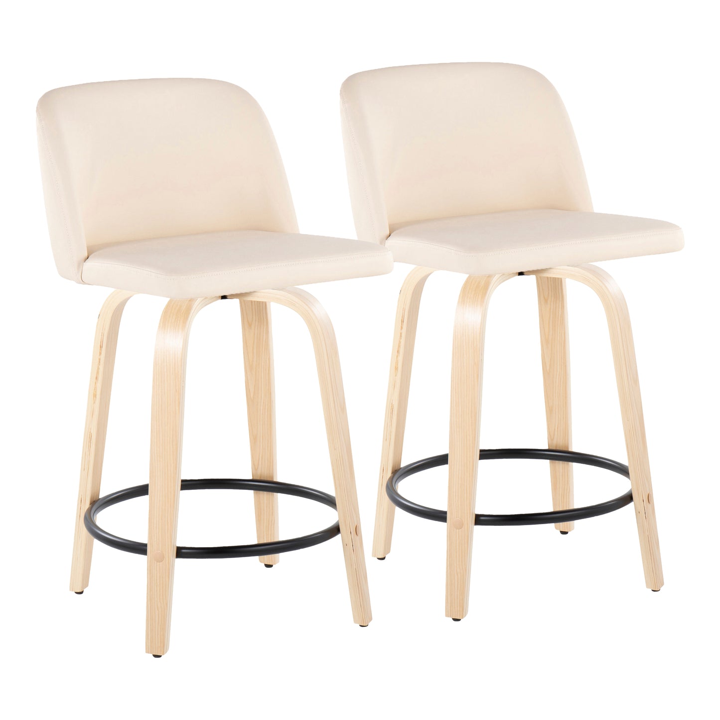 Tolk - Set of 2 - 24" Fixed-Height Swivel Counter Stools – Natural Wood, Cream Faux Leather, Black Metal Footrest