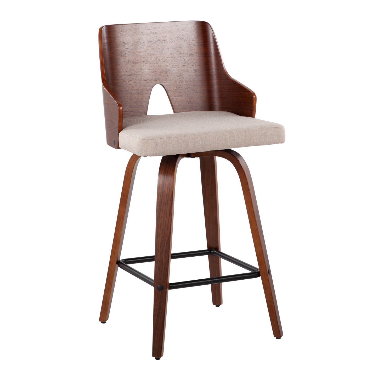 Elantra - Set of 2 - 26" Walnut and Beige Mid-Century Modern Counter Stools with Fabric Cushioned Seats and 360° Swivel