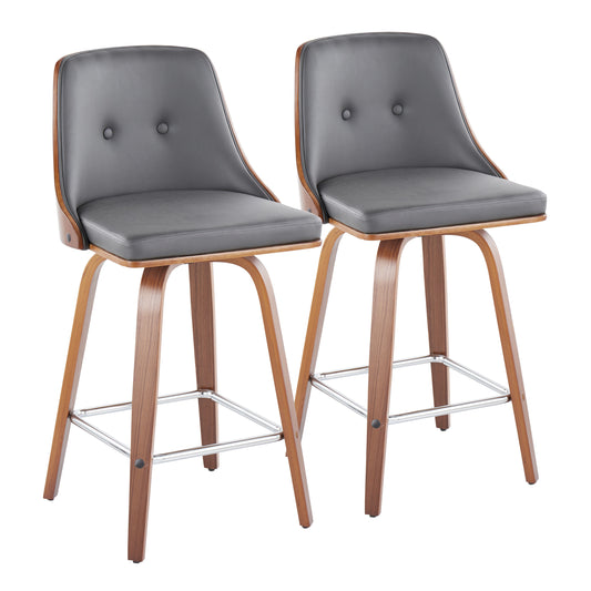 Gianna - Set of 2 - 24" Mid-Century Modern Fixed-Height Counter Stools in Walnut Wood & Grey Faux Leather with Square Chrome Footrest by LumiSource