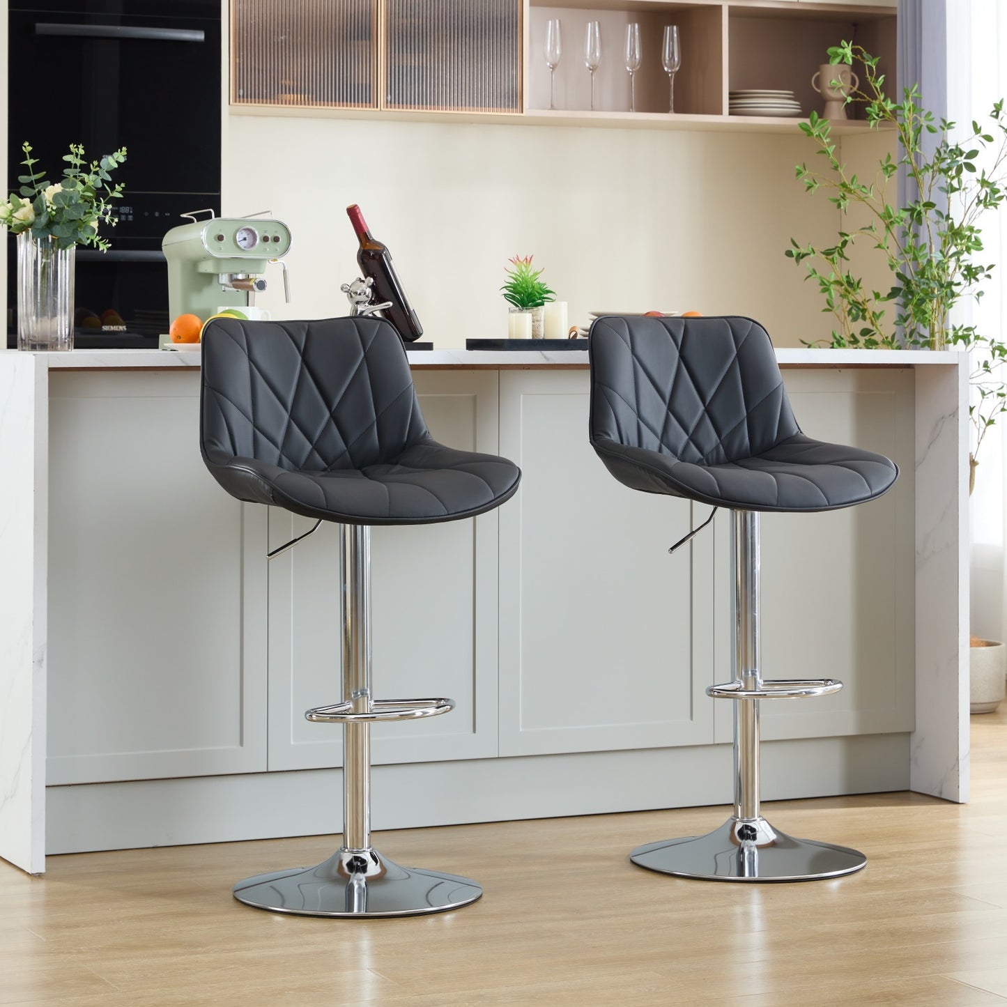 Samsonite - Set of 2 - 30" Black Adjustable Swivel Bar Stools with High Back, Ergonomic PU Leather for Kitchen Island