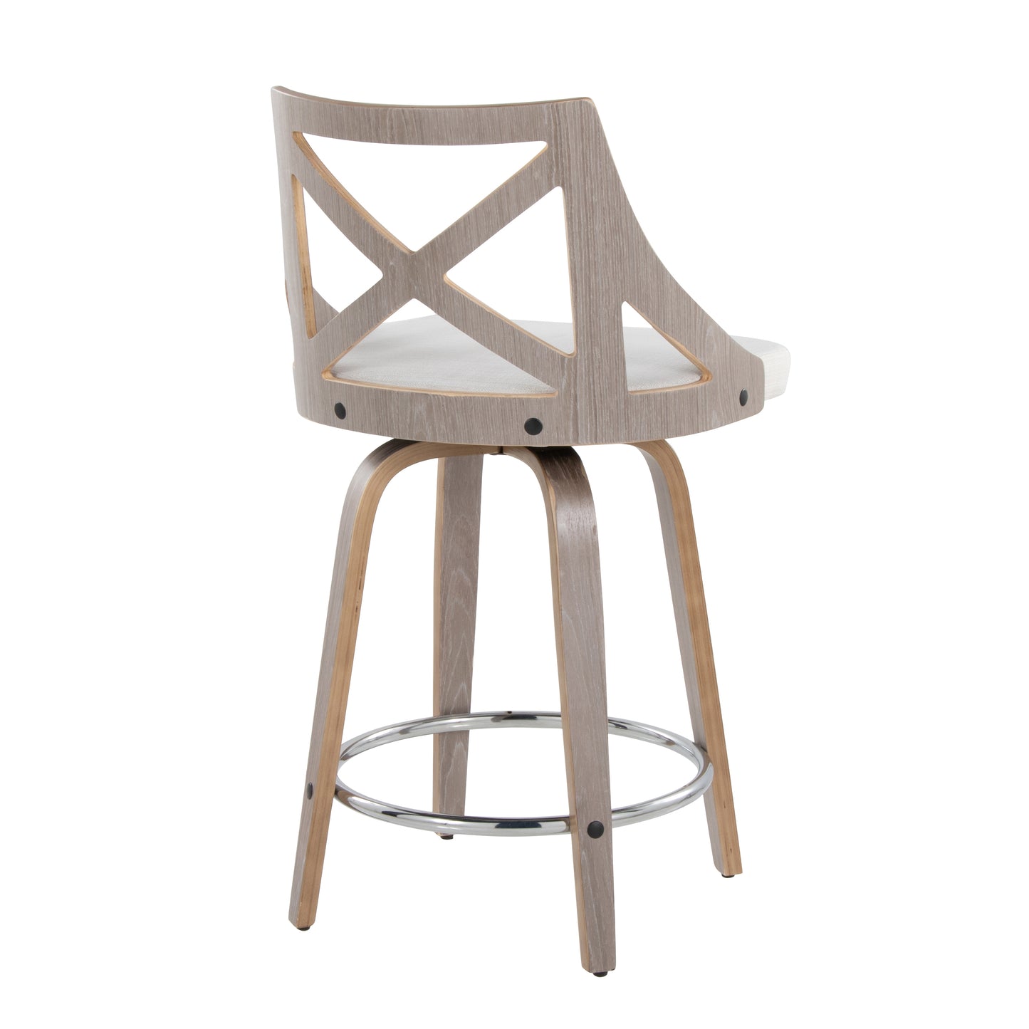 Aureliah - Set of 2 - 27" Swivel Counter Stools with Light Grey Wood, Cream Fabric, and Chrome Footrest