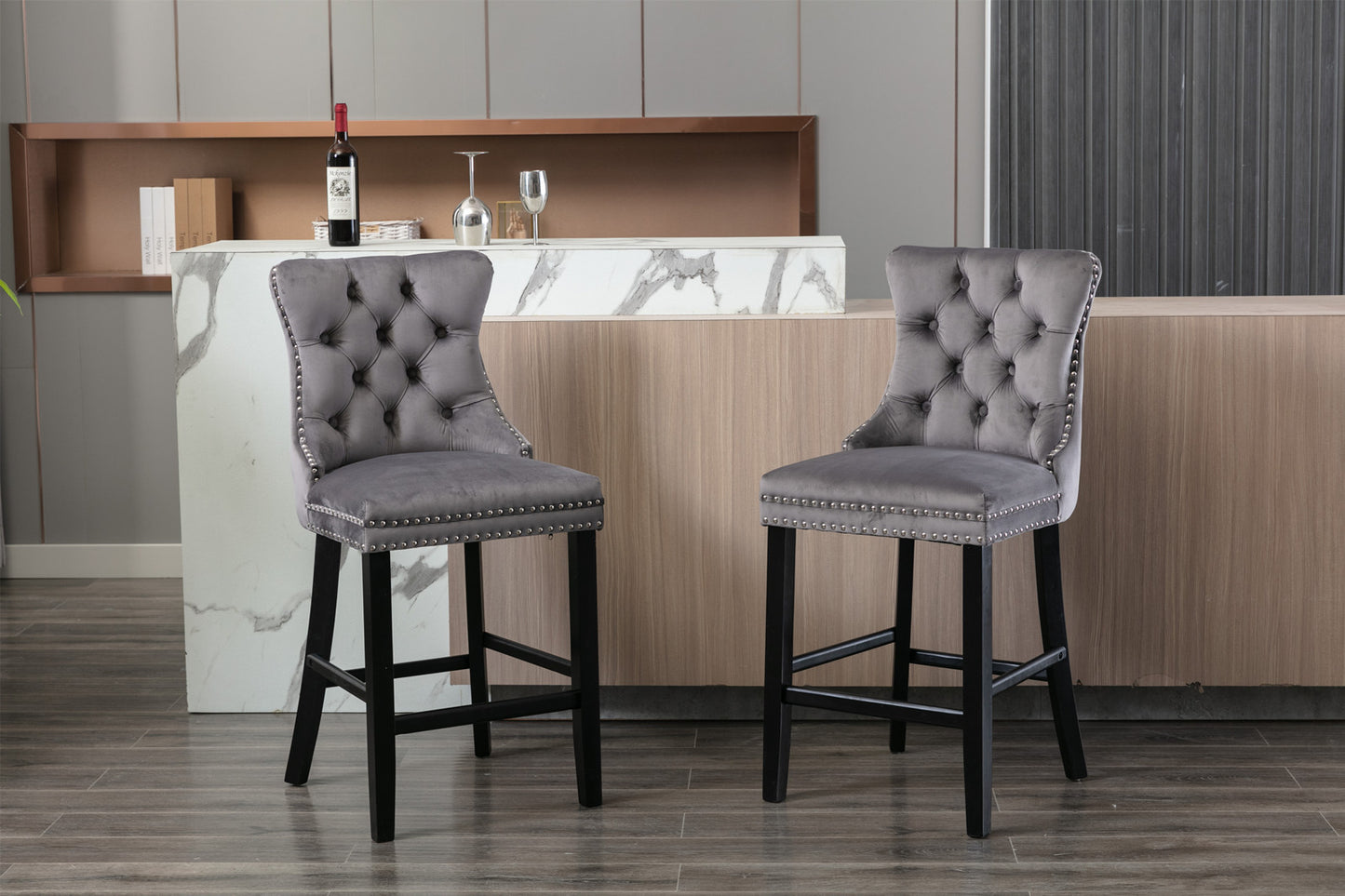 Gualtier - Set of 2 - 28" Velvet Upholstered Barstools with Button Tufted Design, Chrome Nailhead Trim, and Wooden Legs