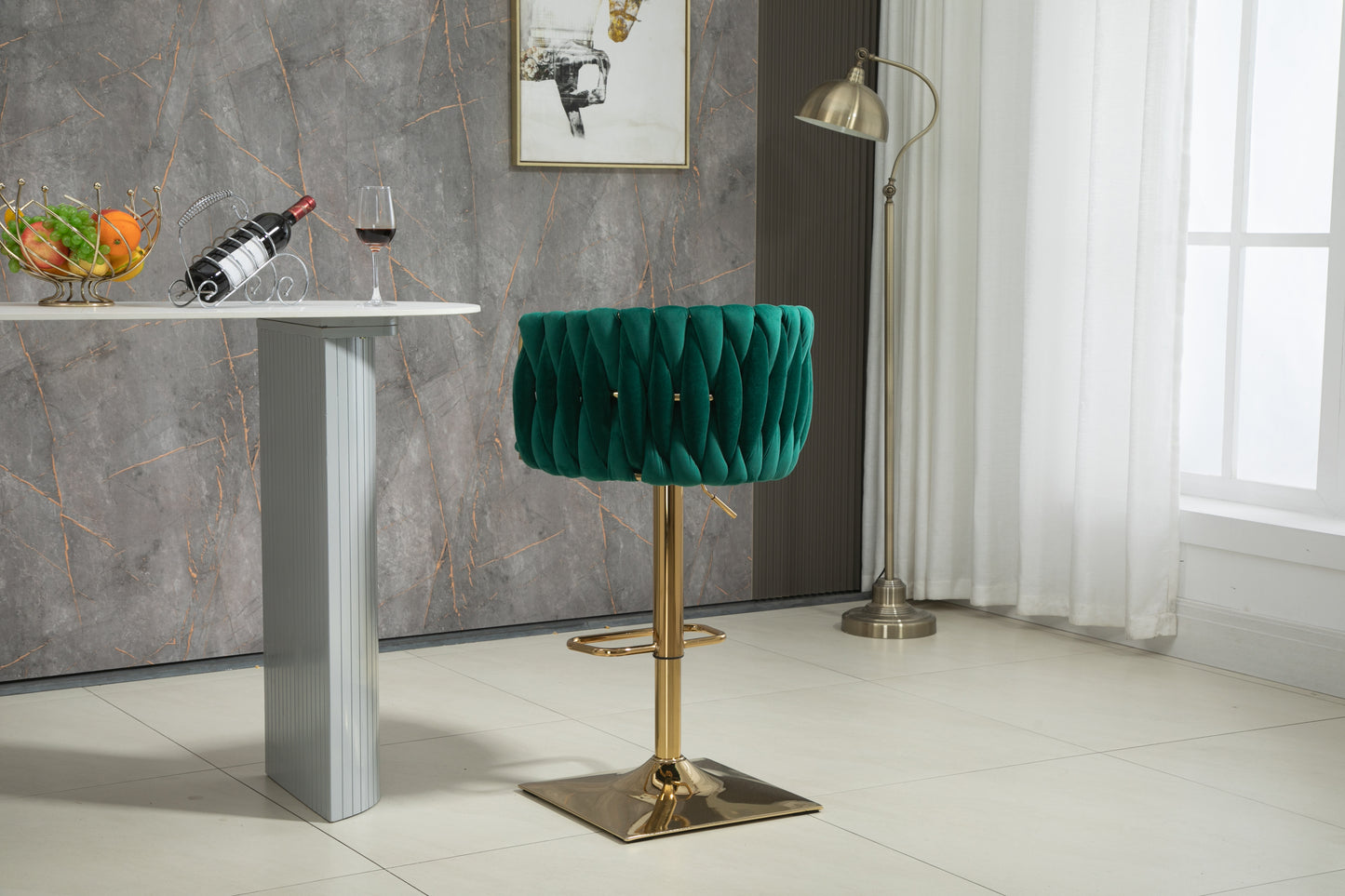 Harstone - Set of 2 - 26" Adjustable Counter Height Emerald Green Velvet Vintage Bar Stools with Silver Metal Legs