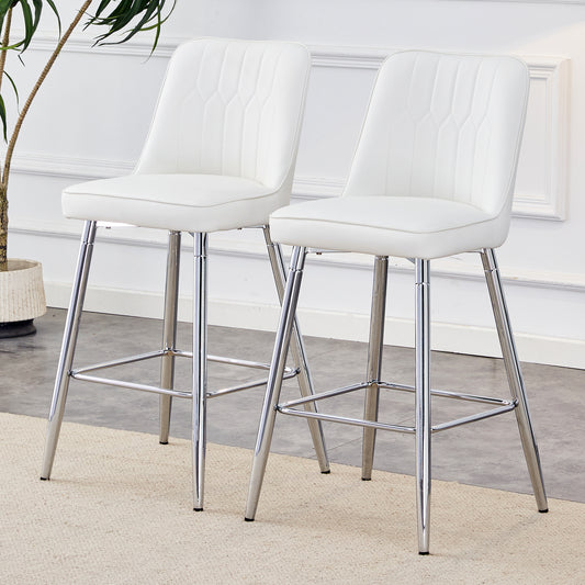 Arc - Set of 2 - 27" White PolyUrethane Leather Bar Stools with Silver Cross-Leg Reinforcement