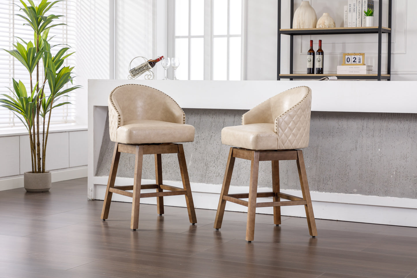 Helas - Set of 2 - 29" Apricot PolyUrethane Leather Counter Height Bar Stools with 360° Swivel - Solid Wood Legs & Footrest (21.65"x22.05"x38.98")