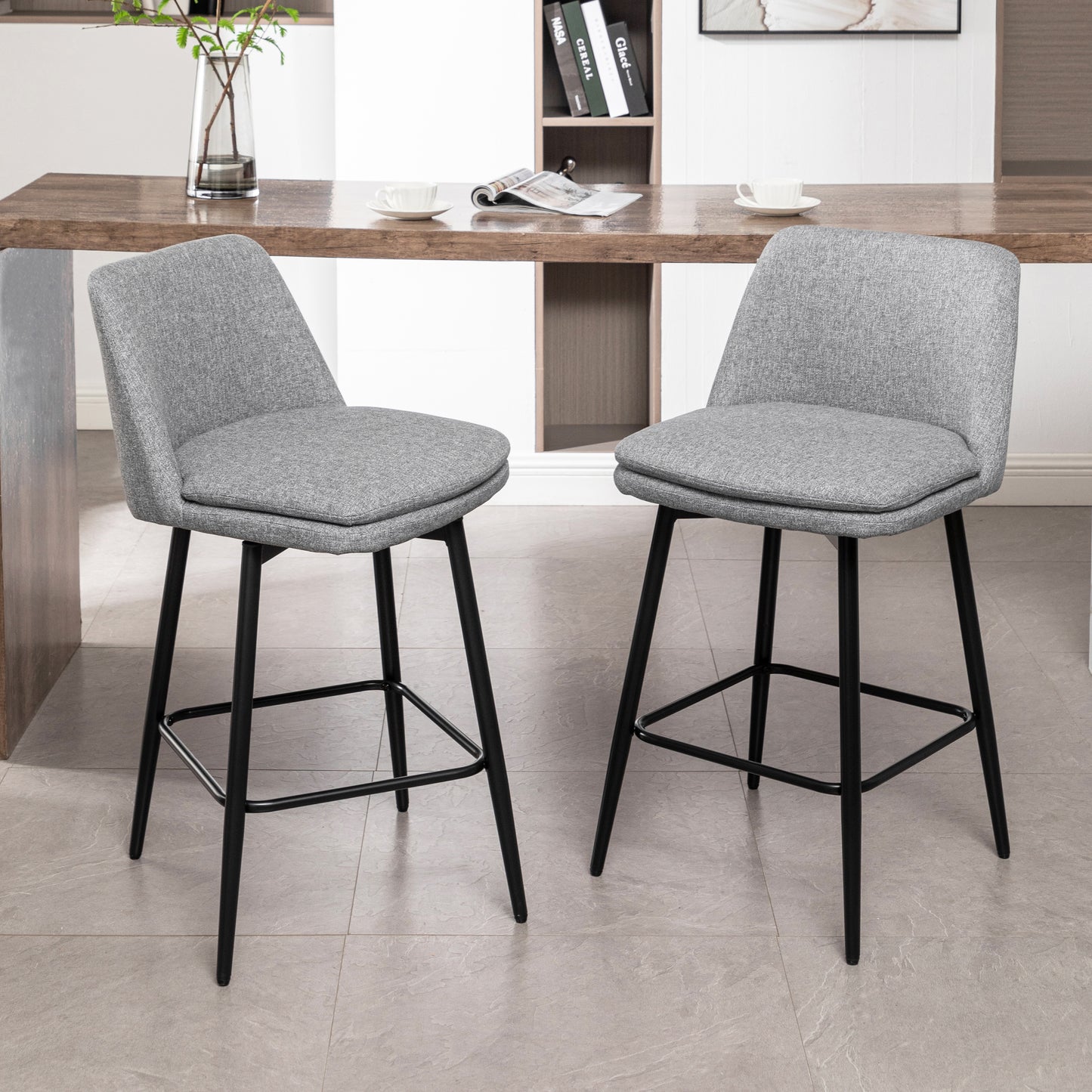 Vectoria 26" - Set of 2 - Light Grey Upholstered Swivel Counter Height Bar Stools with Metal Legs, 360° Swivel, and High Back, 25.6" Seat Height