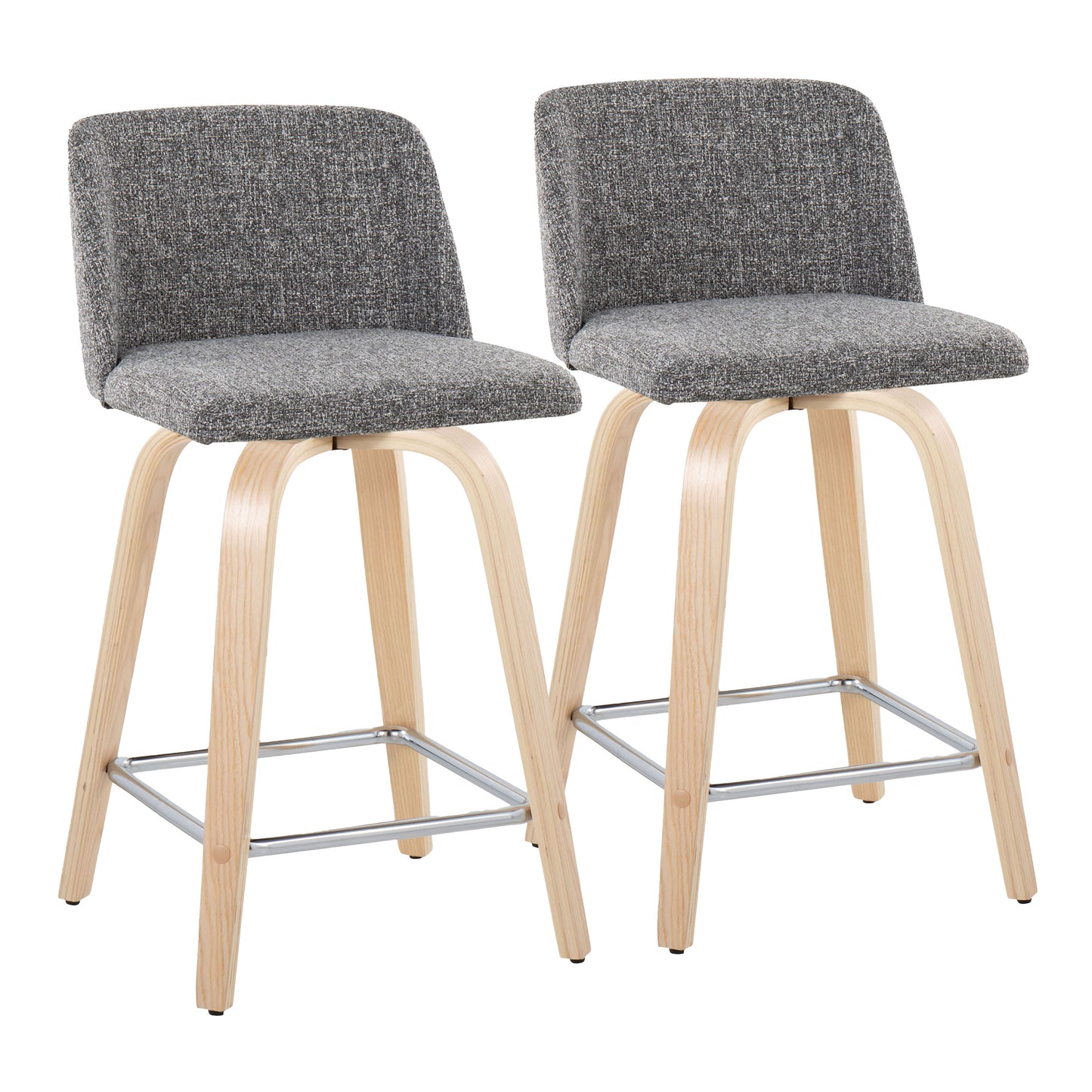 Trenice -Set of 2 - 24" Grey Noise Fabric Swivel Counter Stools with Natural Wood and Chrome Footrest