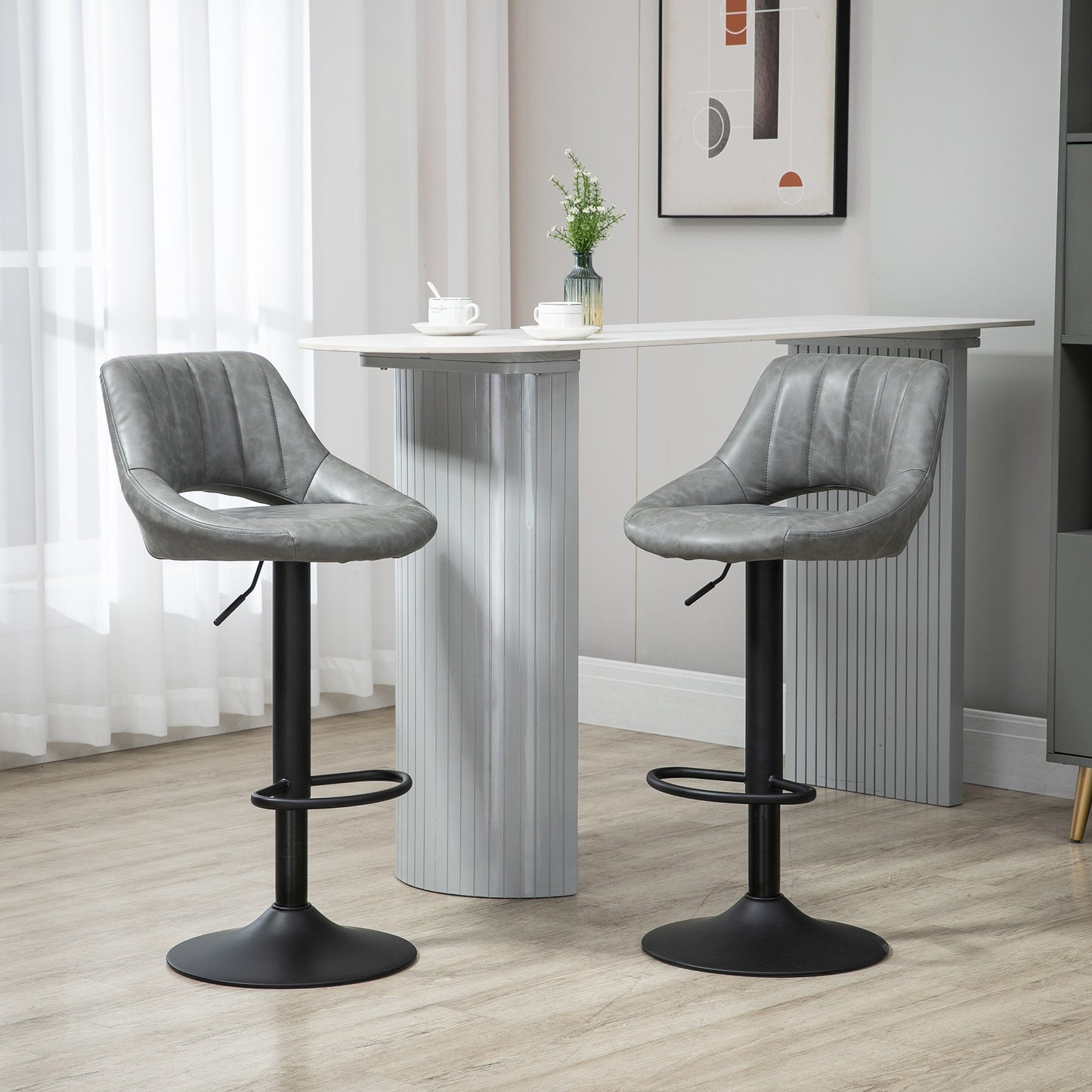 Varella - Set of 2 - 25" Gray PU Leather Swivel Bar Stools with Adjustable Height (33.5"–41.75"), Round Heavy Metal Base, and Footrest