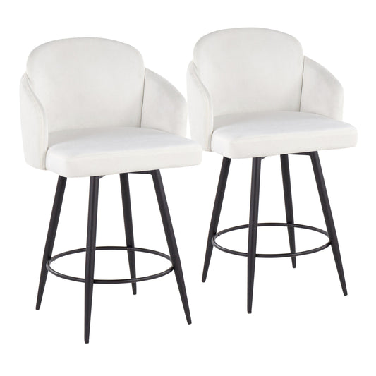 Regalia – Set of 2 – 24" Cream Velvet Counter Stools with Gold Metal Accents and Matte Black Frame