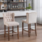 Vyrellr - Set of 2 - 27" Wingback Counter Height Bar Stools with Beige Velvet Upholstered Seat, Tufted Backrest, Nailhead Trim, and Wood Legs