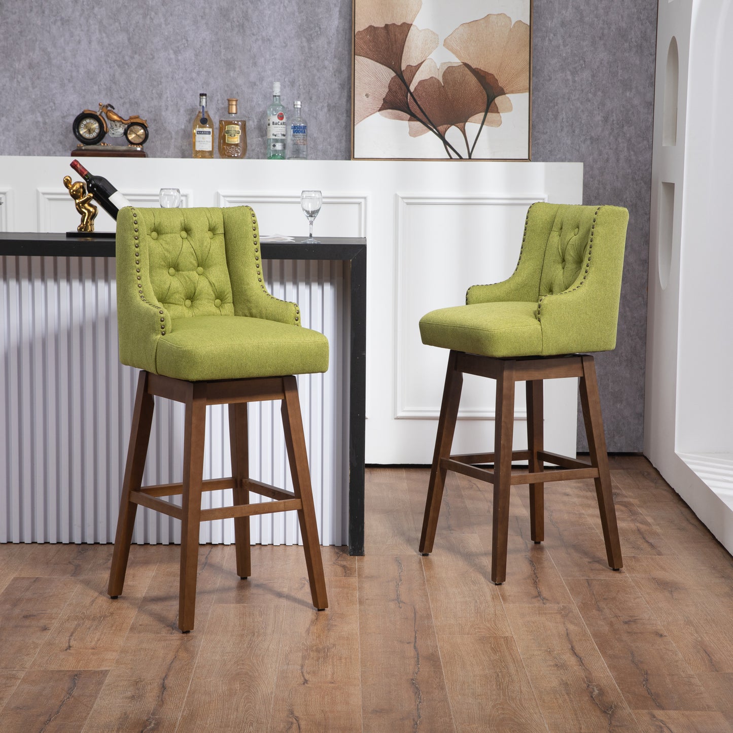 Everton - Set of 2 - 29" Olive Linen Swivel Counter Height Bar Stools with Solid Wood Frame, High Back, and 360° Rotation for Kitchen & Dining Room