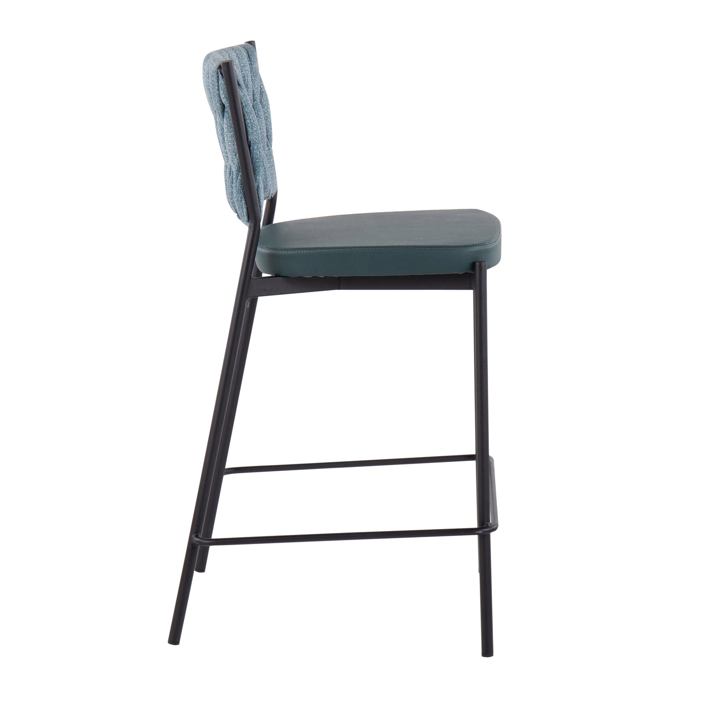 Lathen - Set of 2 - 24" Black Metal Counter Stools with Green Faux Leather and Sea Green Fabric