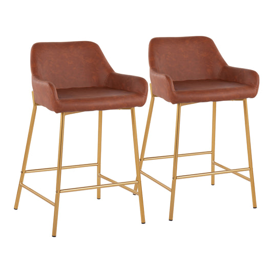 AuraNest - Set of 2 - 26" Camel Faux Leather Counter Stools with Gold Metal Frame