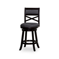 Meeker - Set of 2 - 24” X-Back Swivel Counter Stools, Espresso Finish, Charcoal Fabric Seat, 360° Swivel, Comfortable Padded Cushion