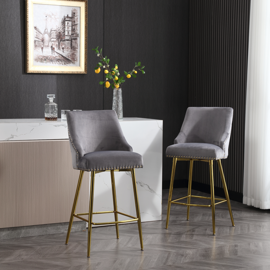 Solis - Set of 2 - 24" Navy Velvet Bar Stools with High Back, Gold Zipper Detailing, and Footrest