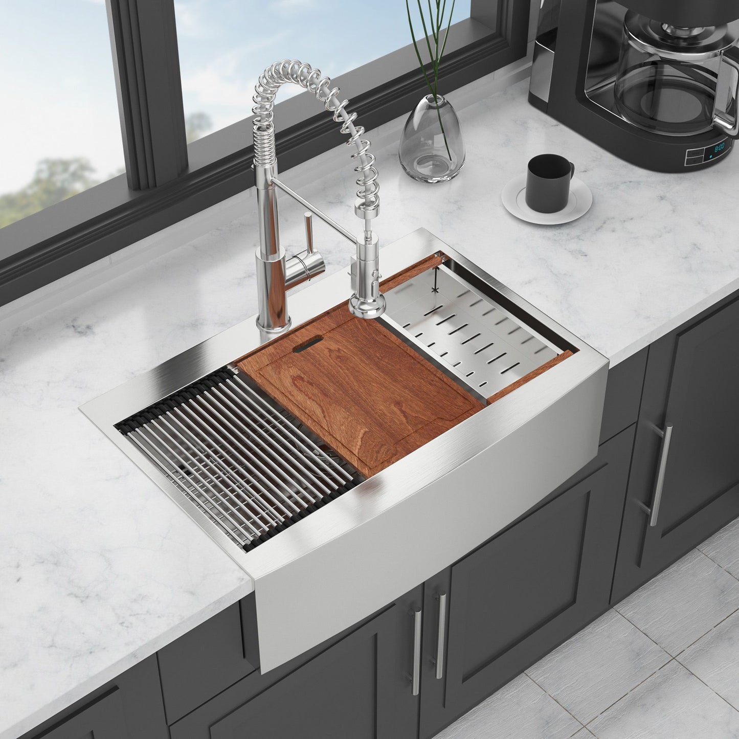 Modern Farmhouse 36" Stainless Steel Drop In Workstation Kitchen Sink With Apron Front - Brushed Nickel