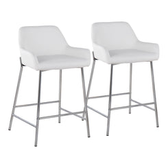 Astraea - Set of 2 - 24" White Faux Leather Counter Stools with Chrome Metal Frame