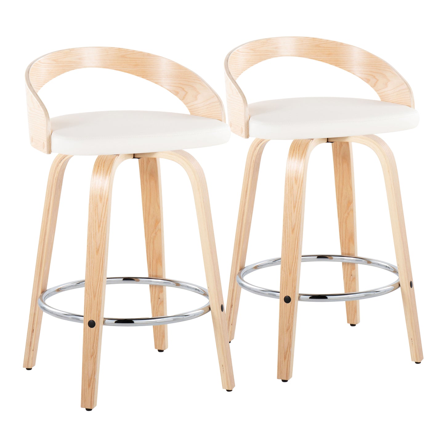 Glen - Set of 2 - 26" Natural Wood Contemporary Counter Stools with White Faux Leather, Swivel, and Chrome Footrest